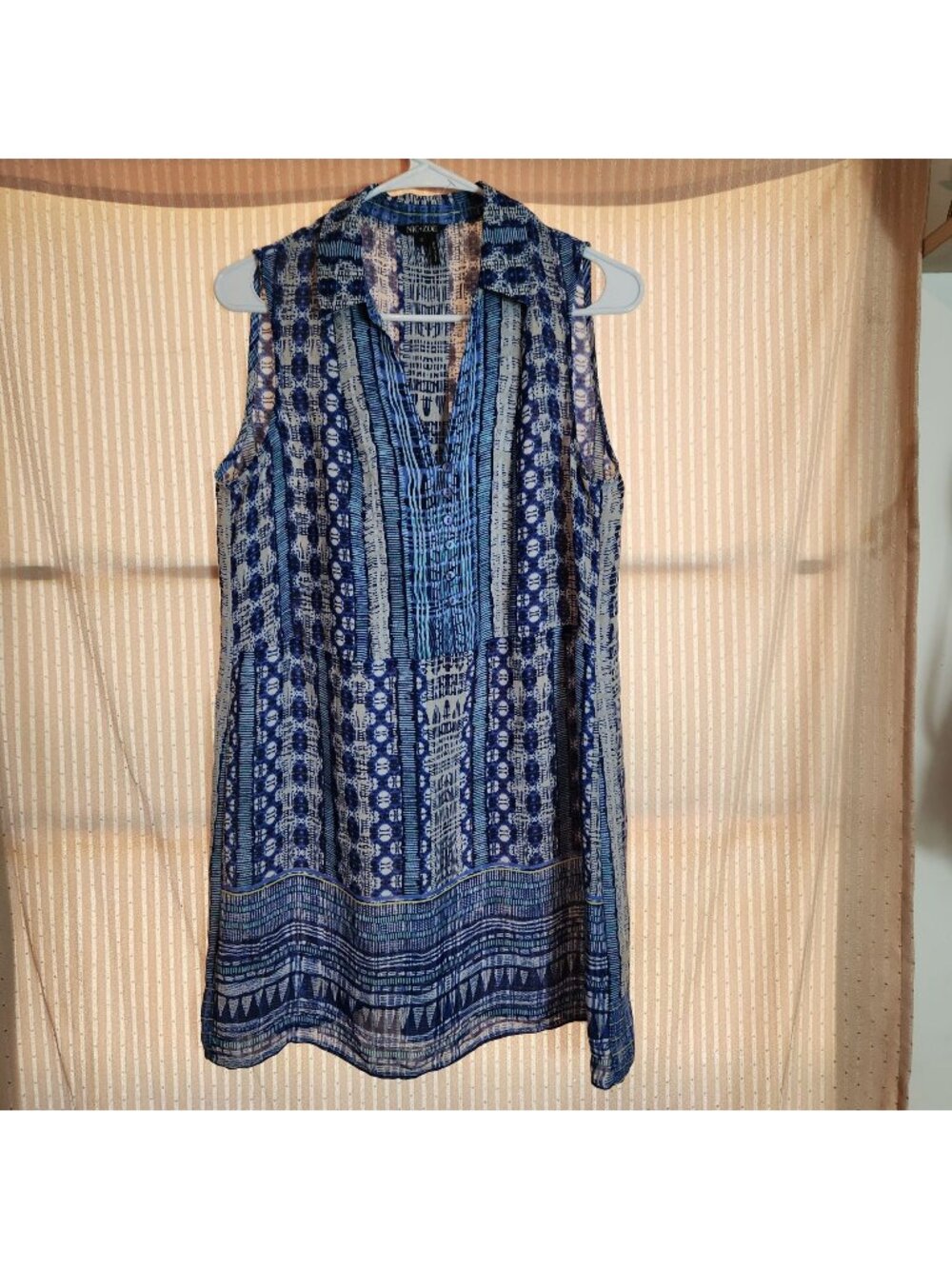 Nic+Zoe Sleeveless Blue Patterned Button-Front Collared Dress Lightweight Size M